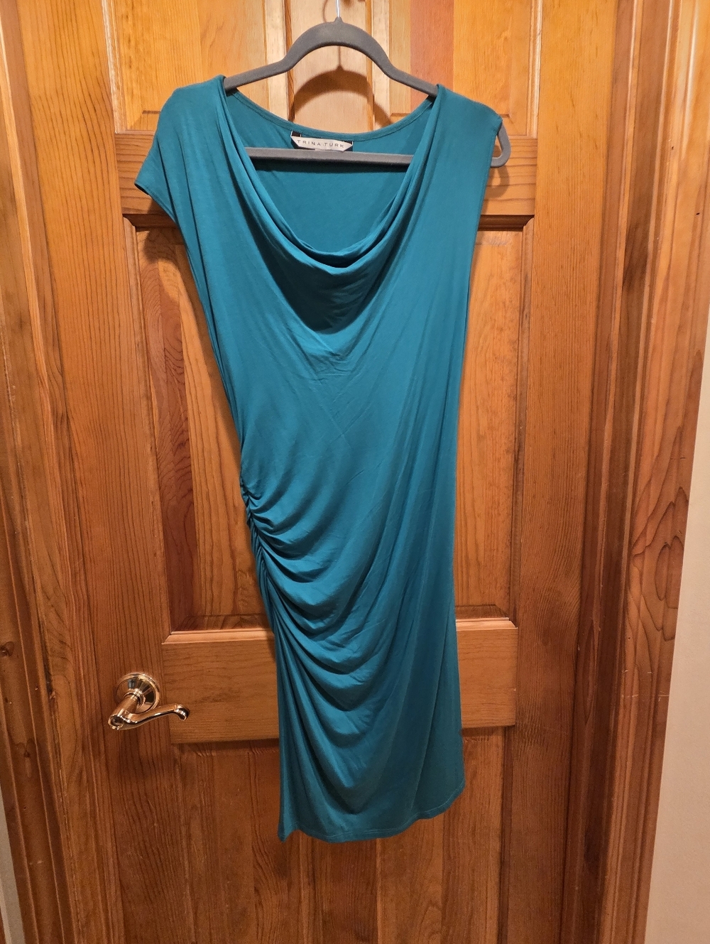 Trina Turk Teal Asymmetrical Cowl-Neck Midi Dress